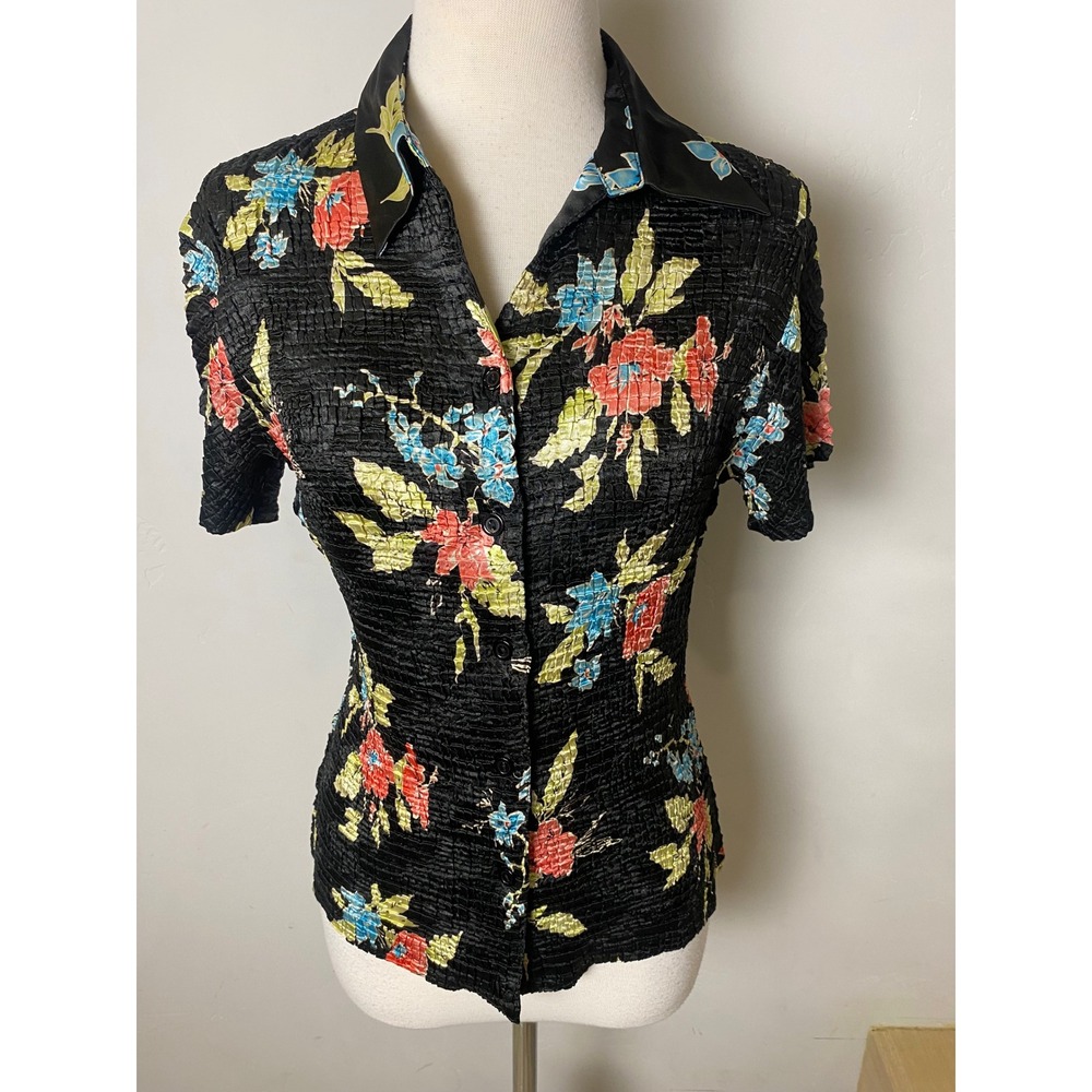 Vintage Casual Corner Annex Popcorn Shirt Floral Black Y2K Petite Small 90s Top